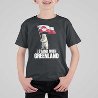 I Stand With Greenland T Shirt For Kid Cute Polar Bear Holding Flag Political Support