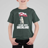 I Stand With Greenland T Shirt For Kid Cute Polar Bear Holding Flag Political Support