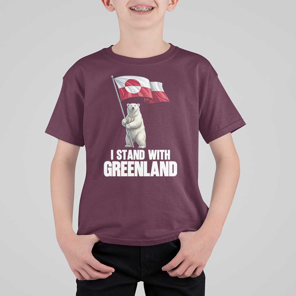 I Stand With Greenland T Shirt For Kid Cute Polar Bear Holding Flag Political Support