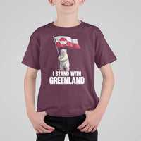I Stand With Greenland T Shirt For Kid Cute Polar Bear Holding Flag Political Support
