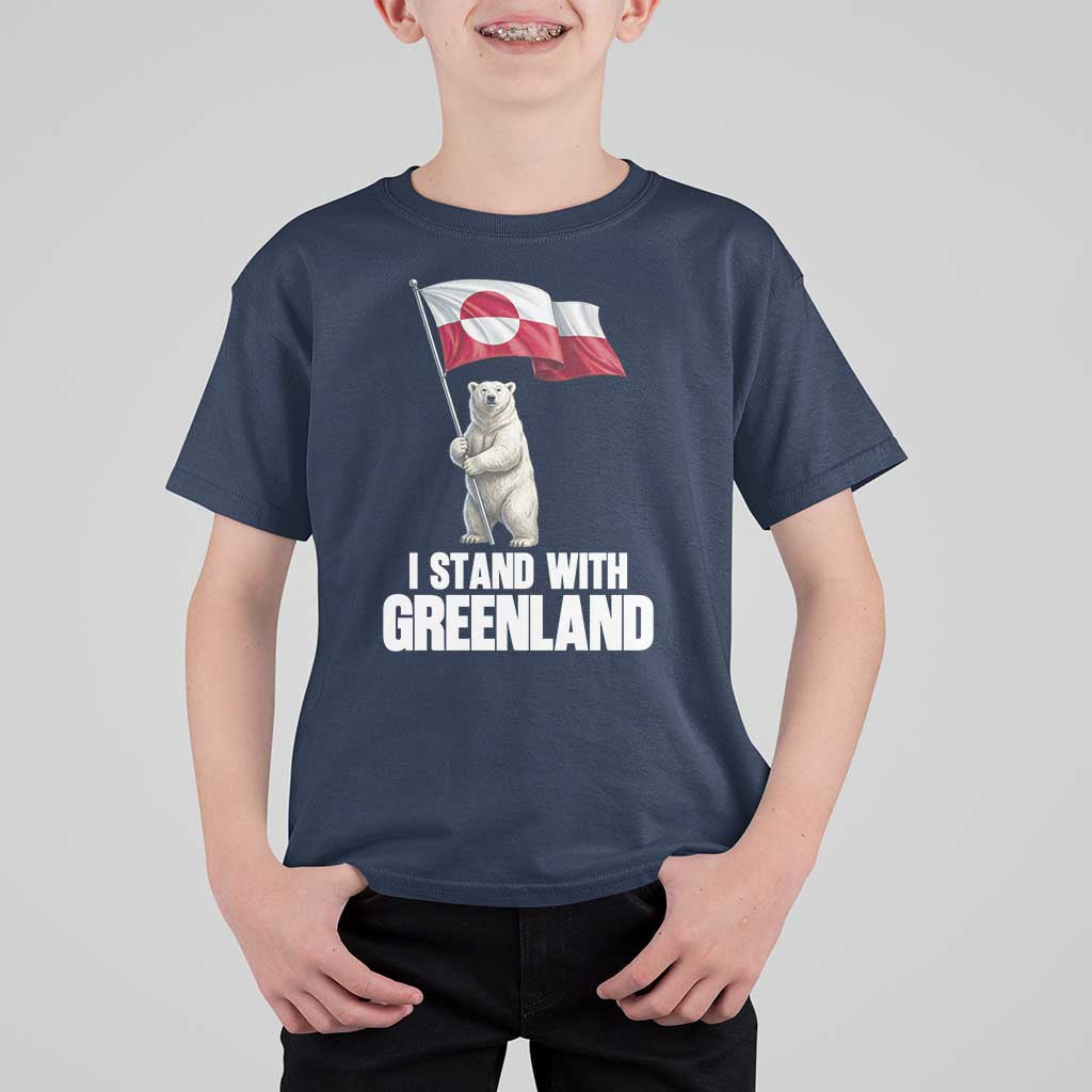 I Stand With Greenland T Shirt For Kid Cute Polar Bear Holding Flag Political Support