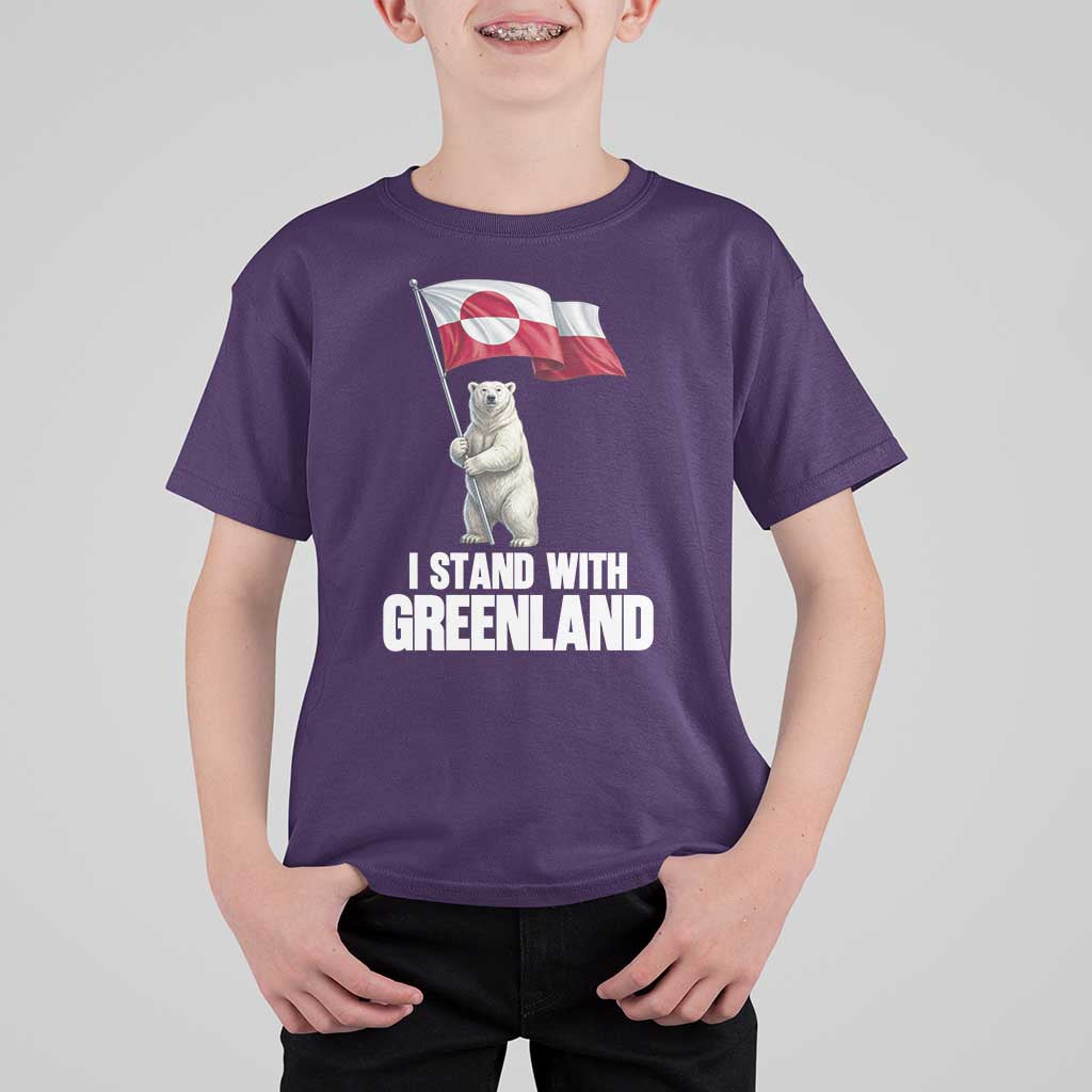 I Stand With Greenland T Shirt For Kid Cute Polar Bear Holding Flag Political Support