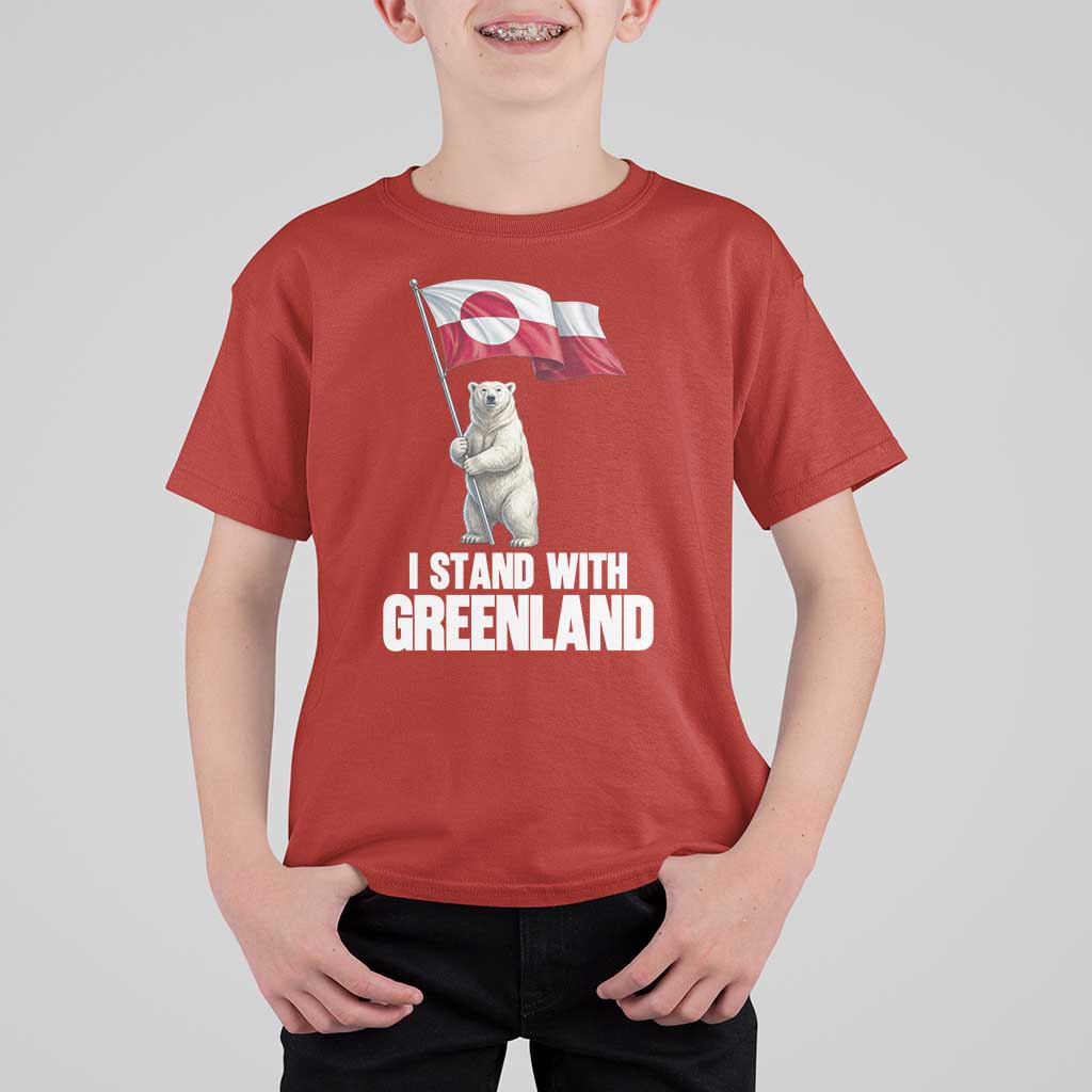 I Stand With Greenland T Shirt For Kid Cute Polar Bear Holding Flag Political Support