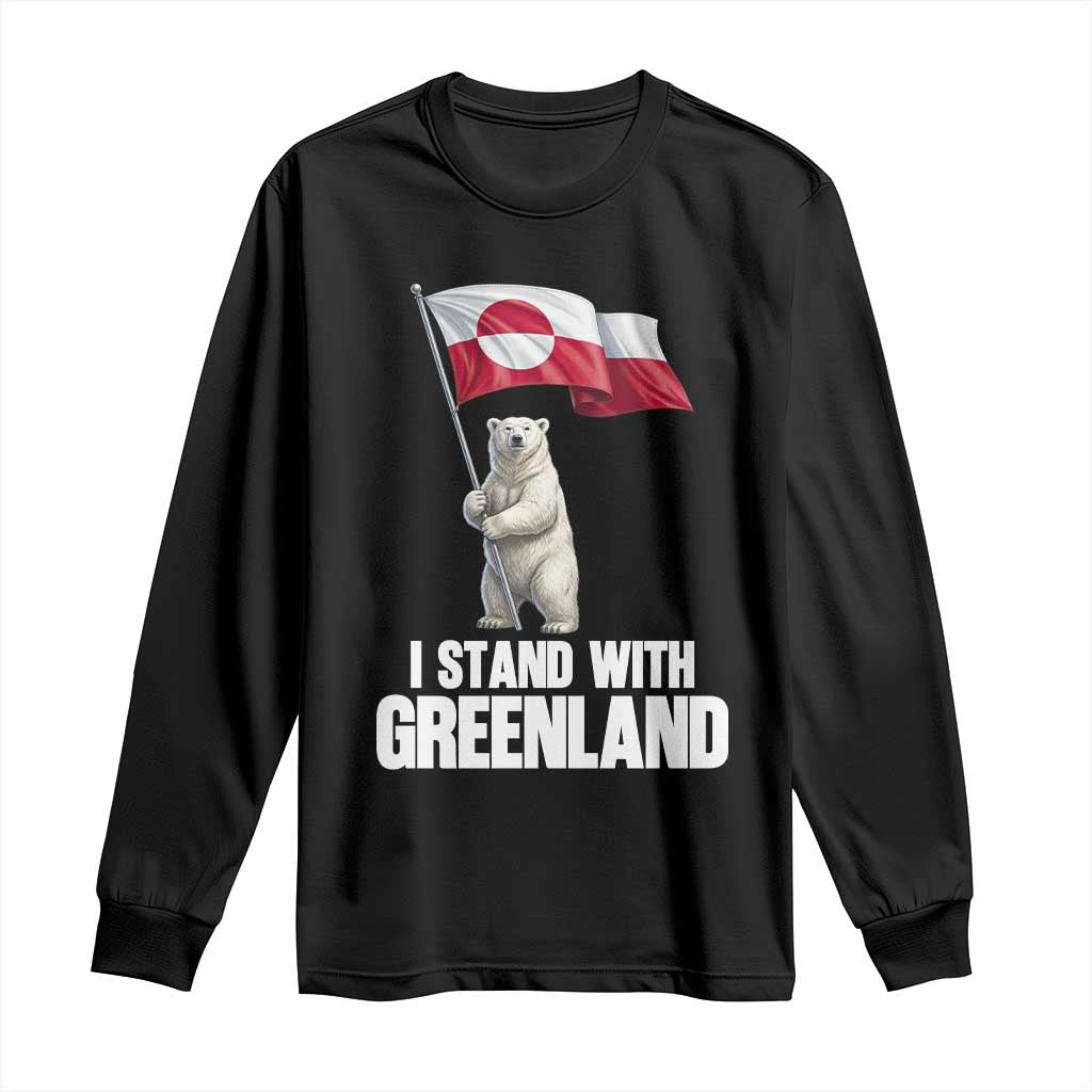 I Stand With Greenland Long Sleeve Shirt Cute Polar Bear Holding Flag Political Support