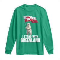 I Stand With Greenland Long Sleeve Shirt Cute Polar Bear Holding Flag Political Support