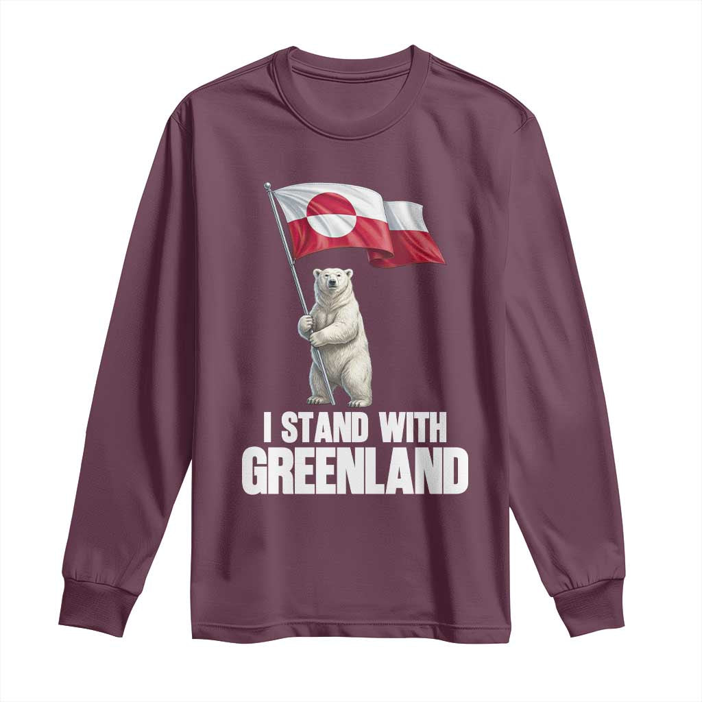 I Stand With Greenland Long Sleeve Shirt Cute Polar Bear Holding Flag Political Support