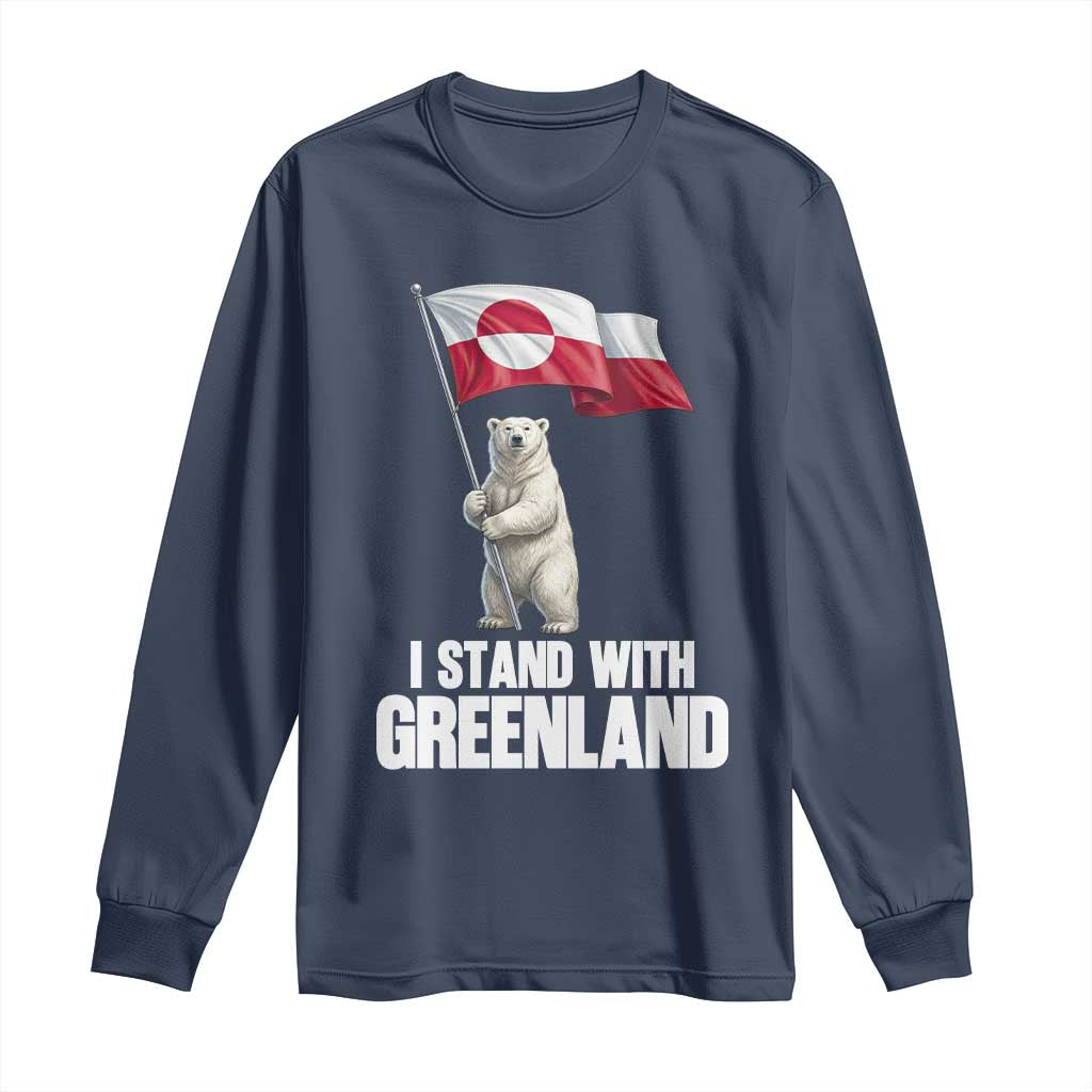 I Stand With Greenland Long Sleeve Shirt Cute Polar Bear Holding Flag Political Support