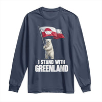 I Stand With Greenland Long Sleeve Shirt Cute Polar Bear Holding Flag Political Support