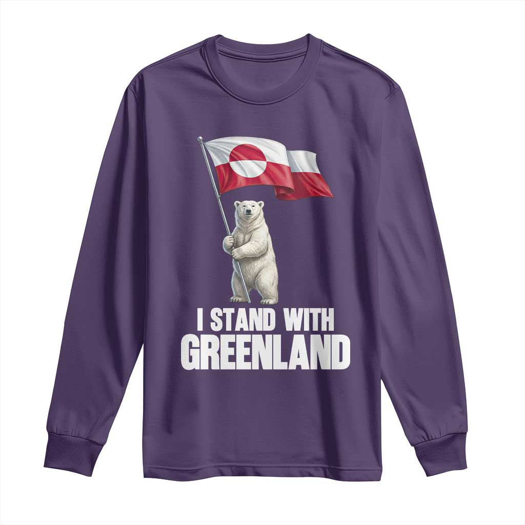 I Stand With Greenland Long Sleeve Shirt Cute Polar Bear Holding Flag Political Support