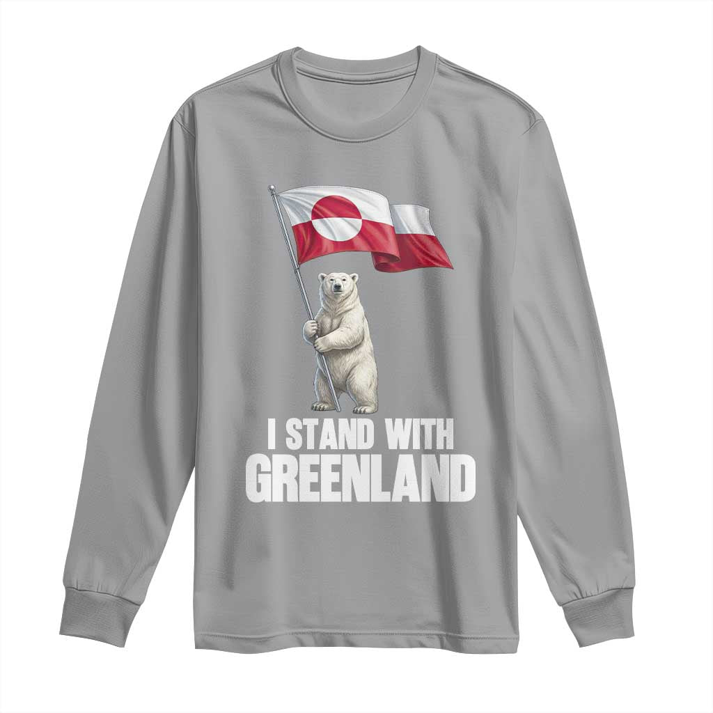 I Stand With Greenland Long Sleeve Shirt Cute Polar Bear Holding Flag Political Support