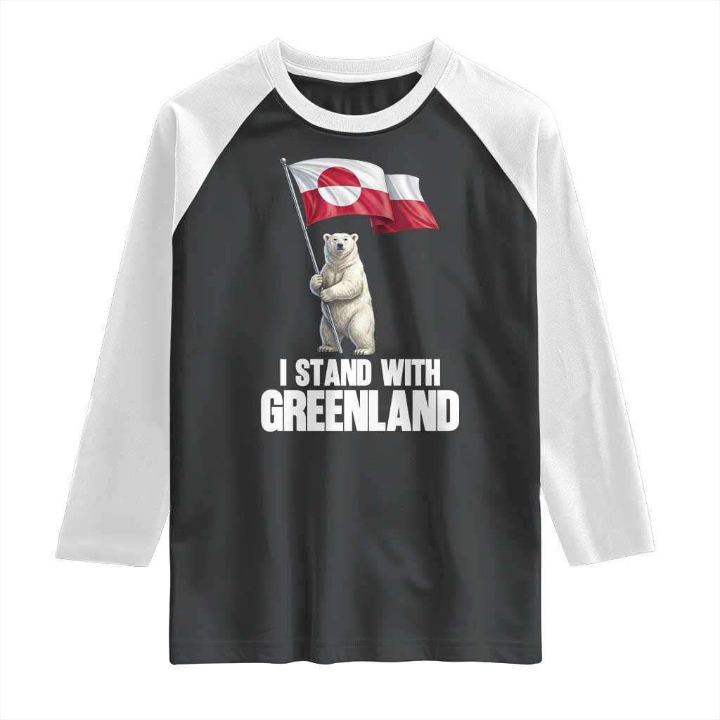 I Stand With Greenland Raglan Shirt Cute Polar Bear Holding Flag Political Support