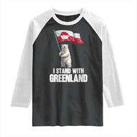 I Stand With Greenland Raglan Shirt Cute Polar Bear Holding Flag Political Support