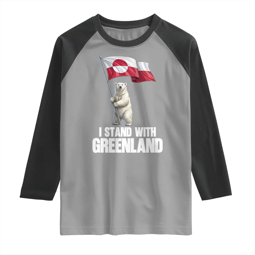I Stand With Greenland Raglan Shirt Cute Polar Bear Holding Flag Political Support