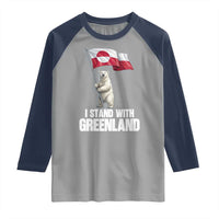 I Stand With Greenland Raglan Shirt Cute Polar Bear Holding Flag Political Support