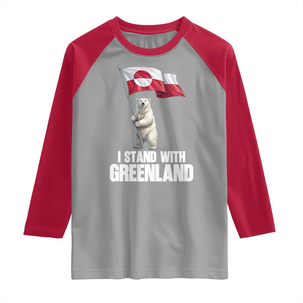 I Stand With Greenland Raglan Shirt Cute Polar Bear Holding Flag Political Support