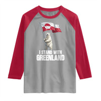 I Stand With Greenland Raglan Shirt Cute Polar Bear Holding Flag Political Support