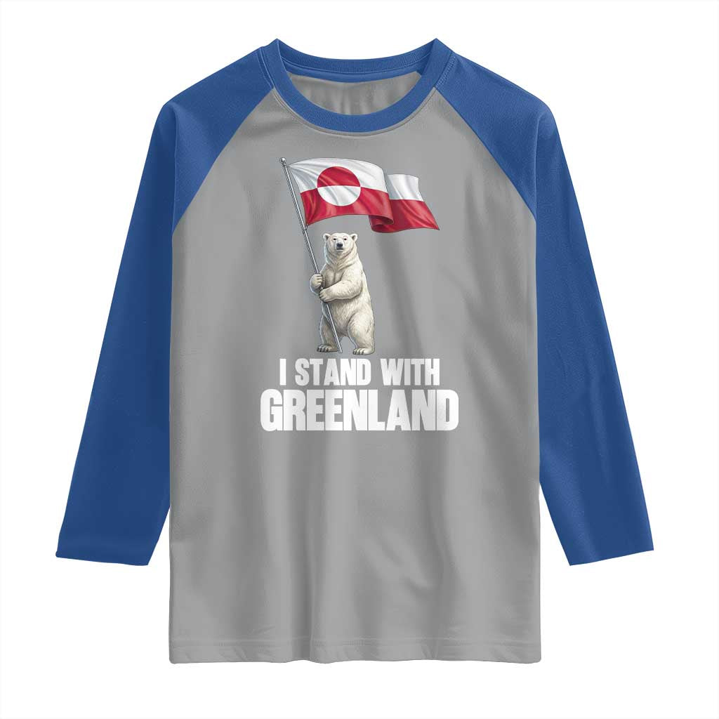 I Stand With Greenland Raglan Shirt Cute Polar Bear Holding Flag Political Support