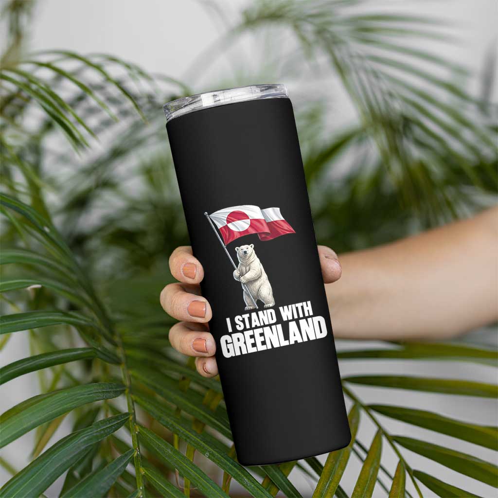 I Stand With Greenland Skinny Tumbler Cute Polar Bear Holding Flag Political Support