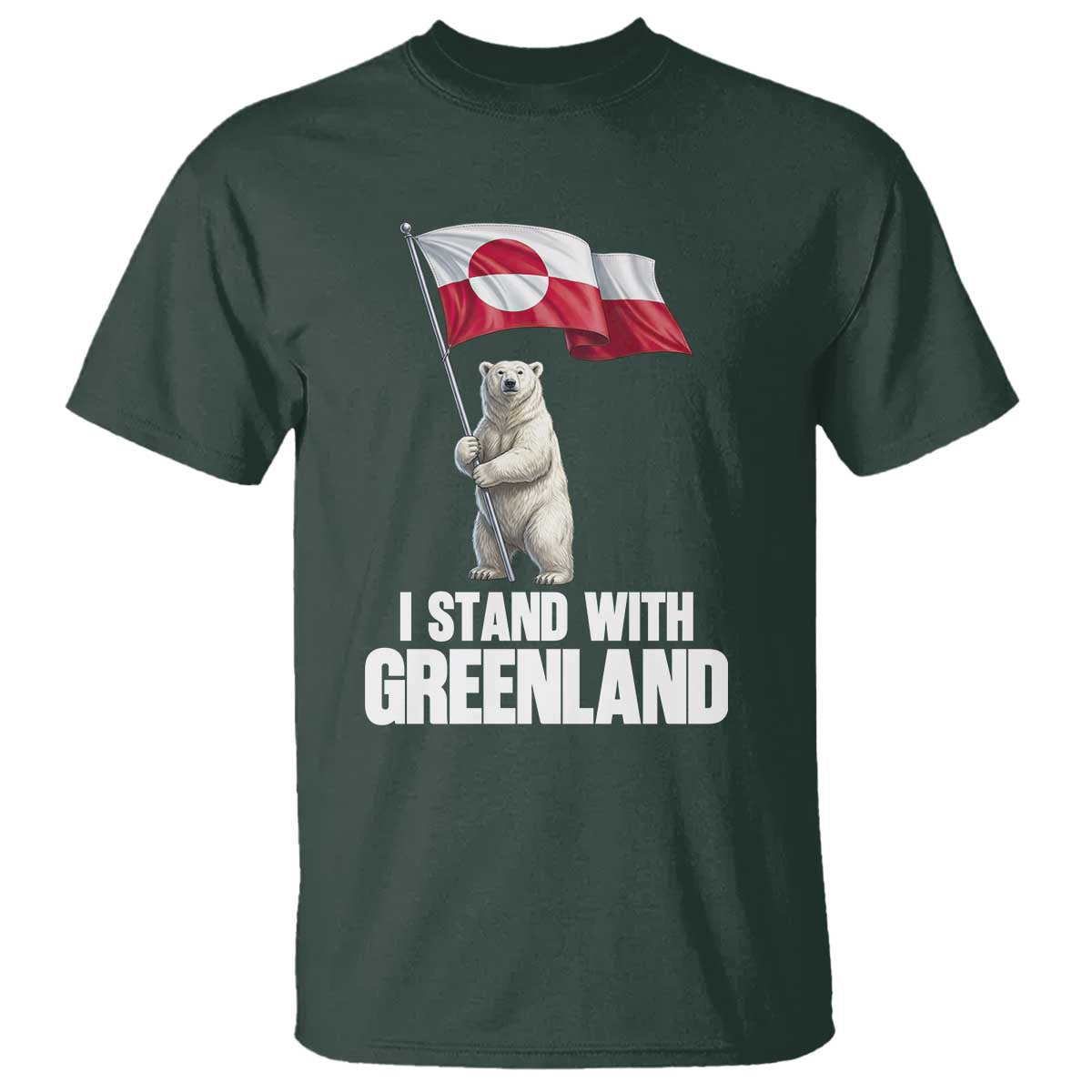 I Stand With Greenland T Shirt Cute Polar Bear Holding Flag Political Support
