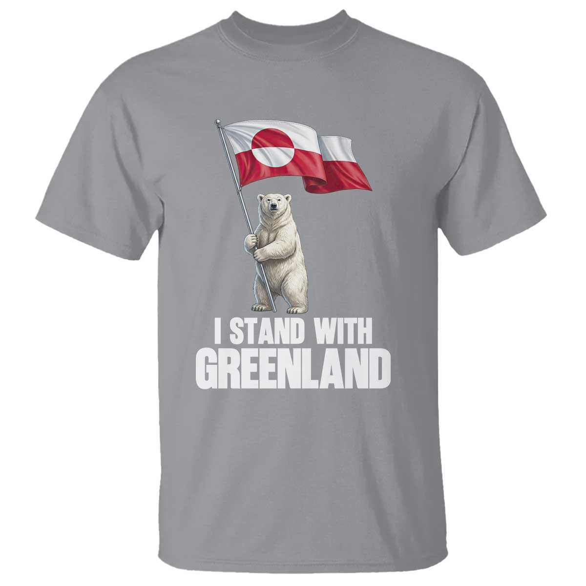 I Stand With Greenland T Shirt Cute Polar Bear Holding Flag Political Support