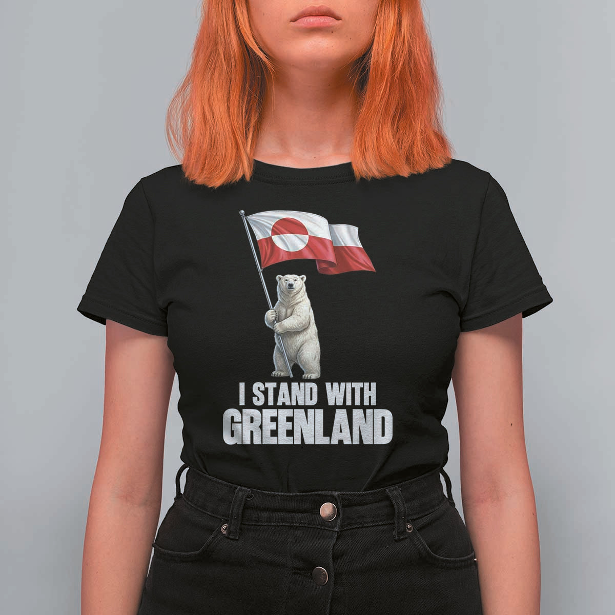 I Stand With Greenland T Shirt For Women Cute Polar Bear Holding Flag Political Support