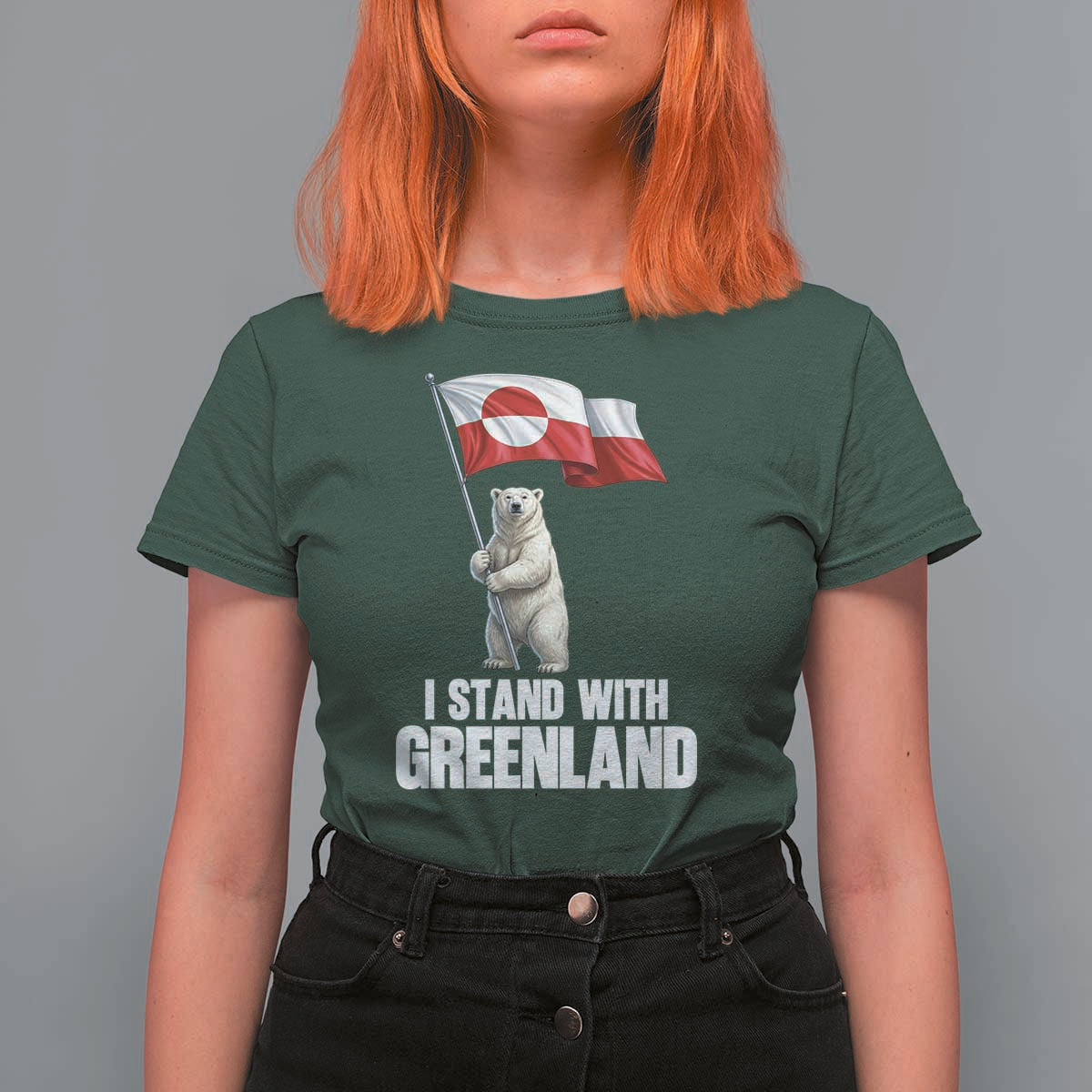 I Stand With Greenland T Shirt For Women Cute Polar Bear Holding Flag Political Support