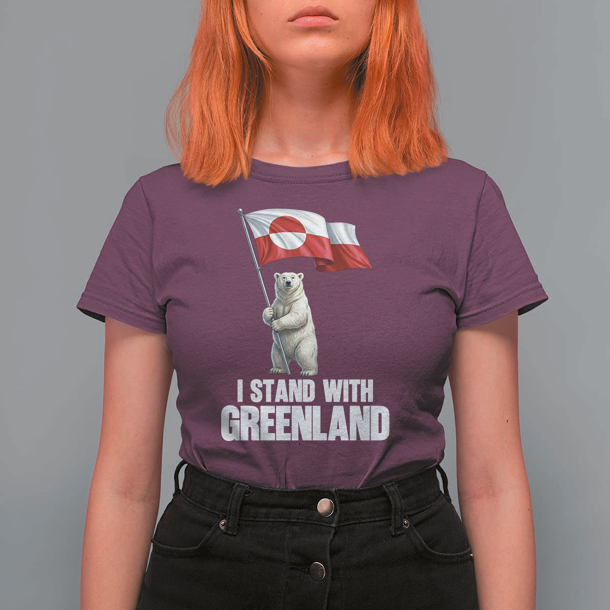 I Stand With Greenland T Shirt For Women Cute Polar Bear Holding Flag Political Support