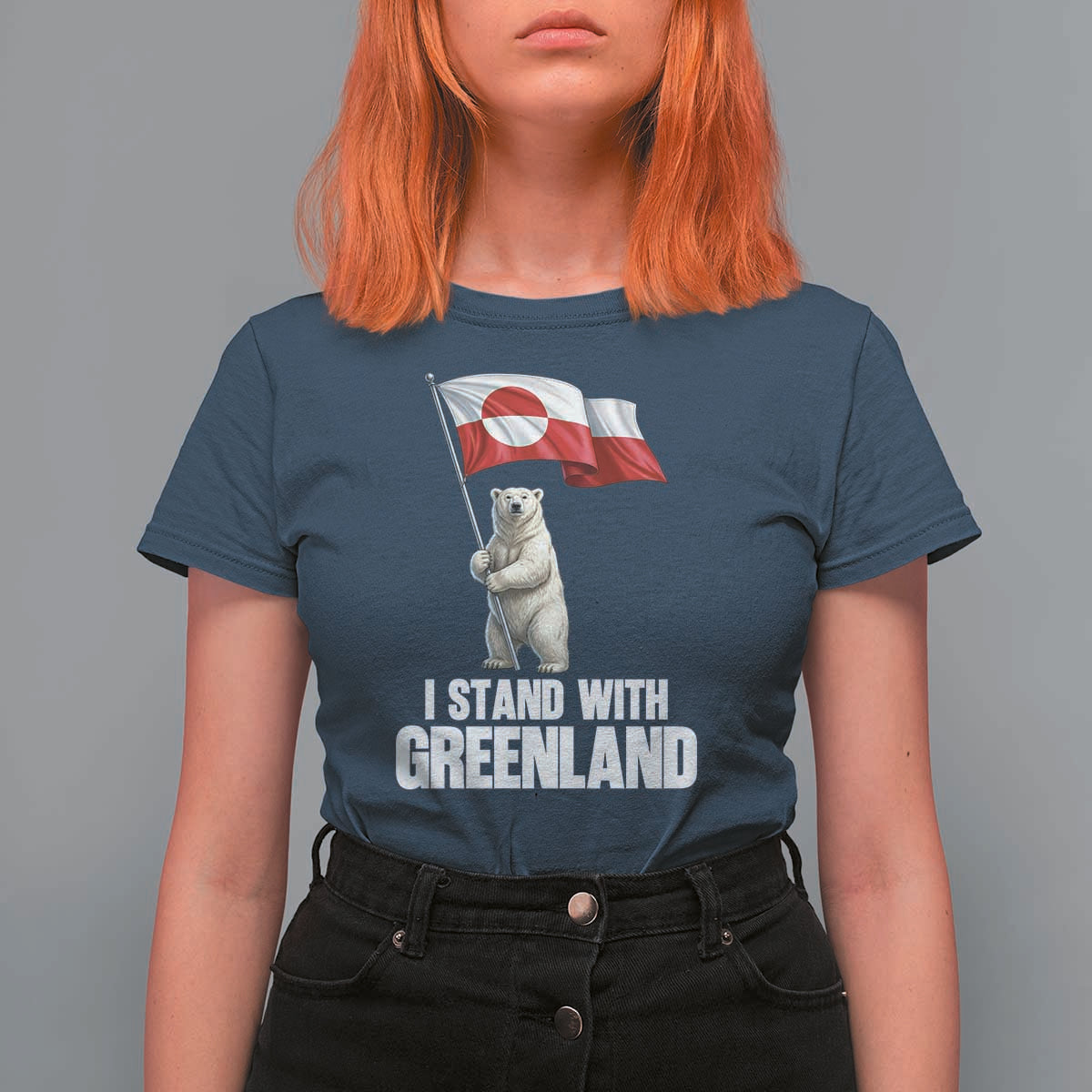 I Stand With Greenland T Shirt For Women Cute Polar Bear Holding Flag Political Support