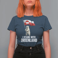 I Stand With Greenland T Shirt For Women Cute Polar Bear Holding Flag Political Support
