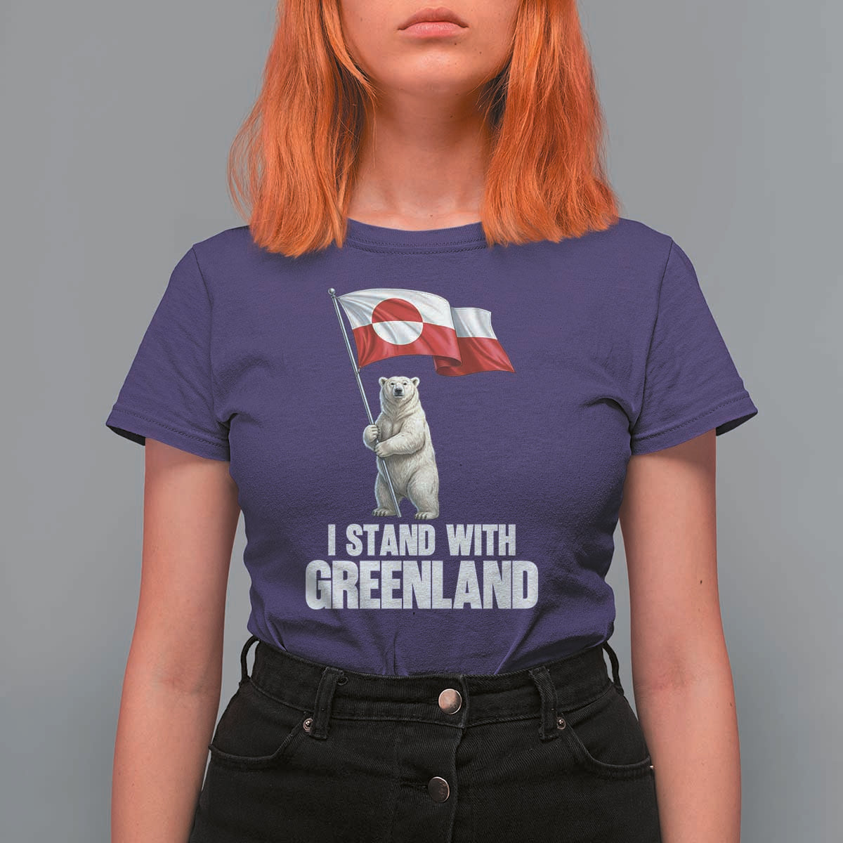 I Stand With Greenland T Shirt For Women Cute Polar Bear Holding Flag Political Support
