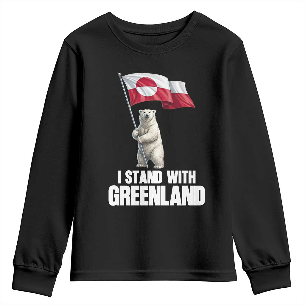 I Stand With Greenland Youth Sweatshirt Cute Polar Bear Holding Flag Political Support