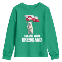 I Stand With Greenland Youth Sweatshirt Cute Polar Bear Holding Flag Political Support
