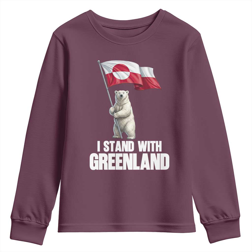I Stand With Greenland Youth Sweatshirt Cute Polar Bear Holding Flag Political Support