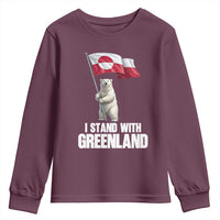 I Stand With Greenland Youth Sweatshirt Cute Polar Bear Holding Flag Political Support