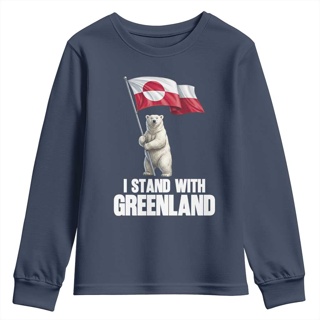 I Stand With Greenland Youth Sweatshirt Cute Polar Bear Holding Flag Political Support