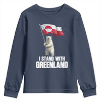 I Stand With Greenland Youth Sweatshirt Cute Polar Bear Holding Flag Political Support