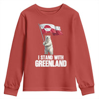 I Stand With Greenland Youth Sweatshirt Cute Polar Bear Holding Flag Political Support
