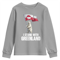 I Stand With Greenland Youth Sweatshirt Cute Polar Bear Holding Flag Political Support