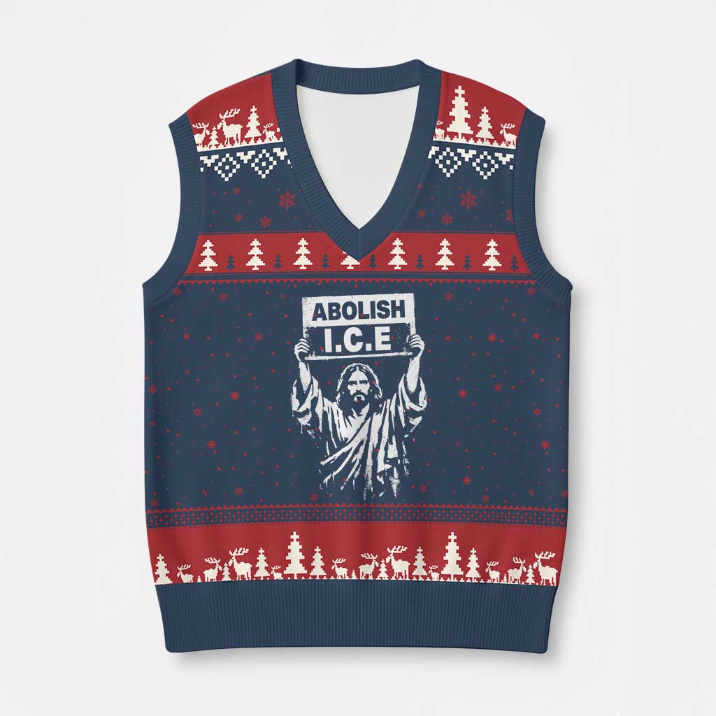 Jesus Abolish Ice Protest V-Neck Knit Sweater Vest Religious Faith Justice and Freedom Resistance