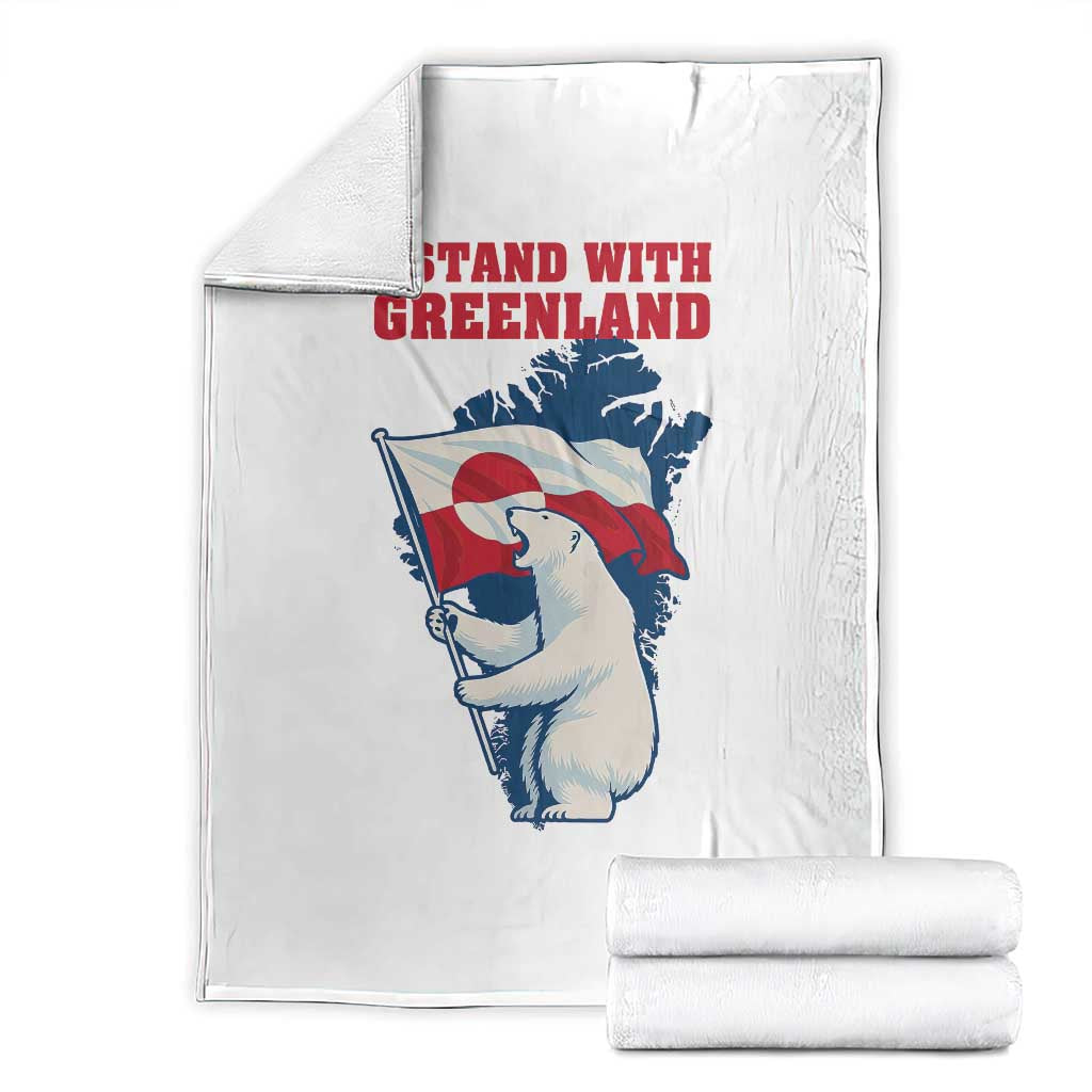 I Stand With Greenland Patriotic Throw Blanket Polar Bear Holding Flag Over Map
