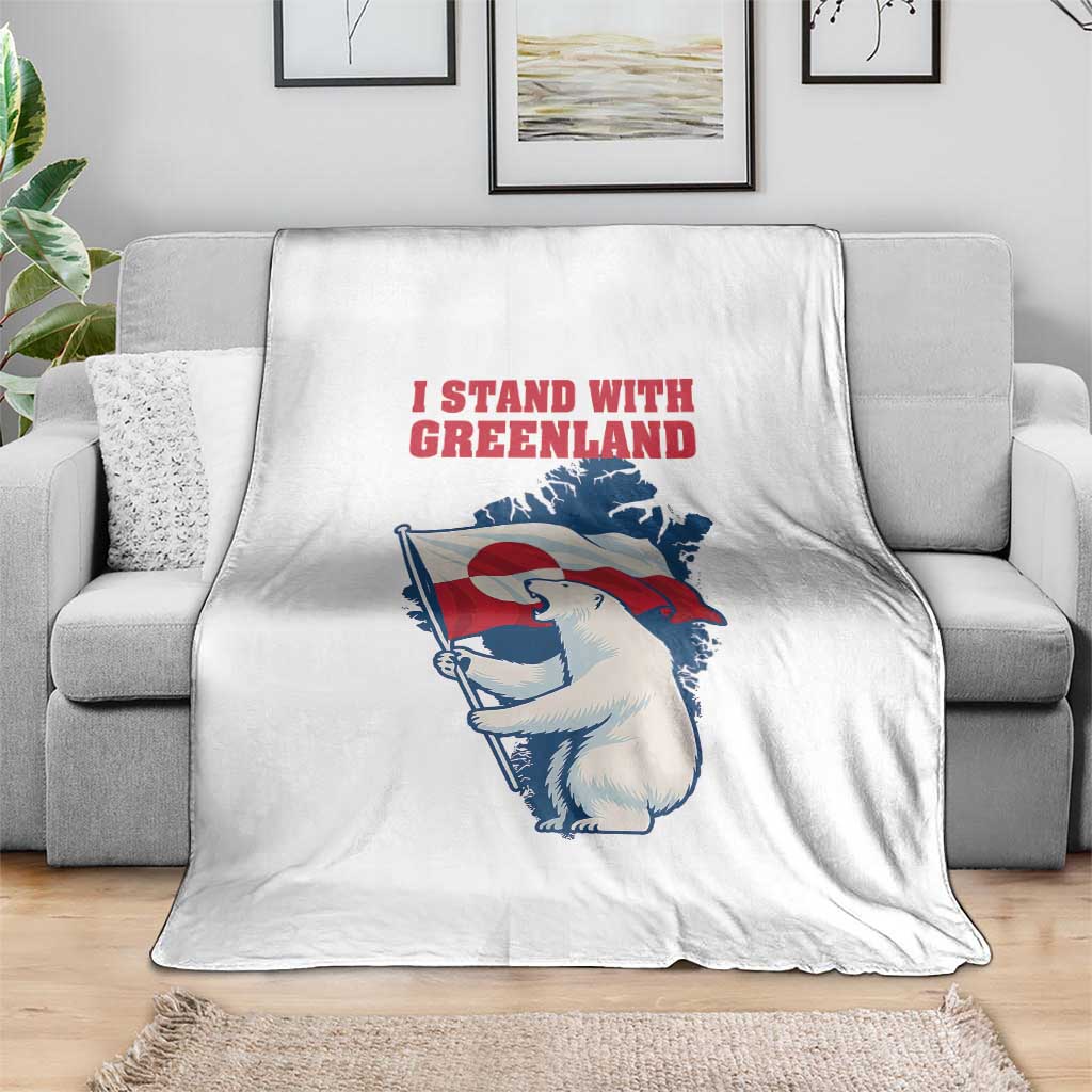 I Stand With Greenland Patriotic Throw Blanket Polar Bear Holding Flag Over Map