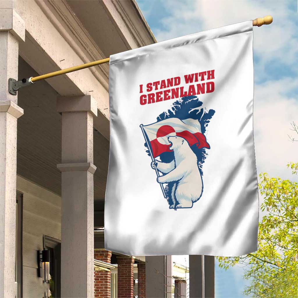 I Stand With Greenland Patriotic Garden Flag Polar Bear Holding Flag Over Map