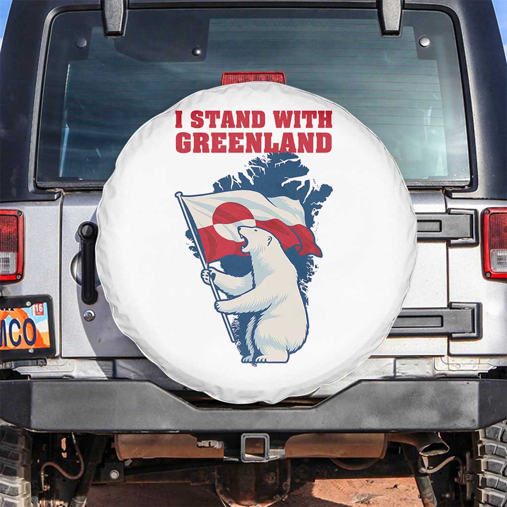 I Stand With Greenland Patriotic Spare Tire Cover Polar Bear Holding Flag Over Map