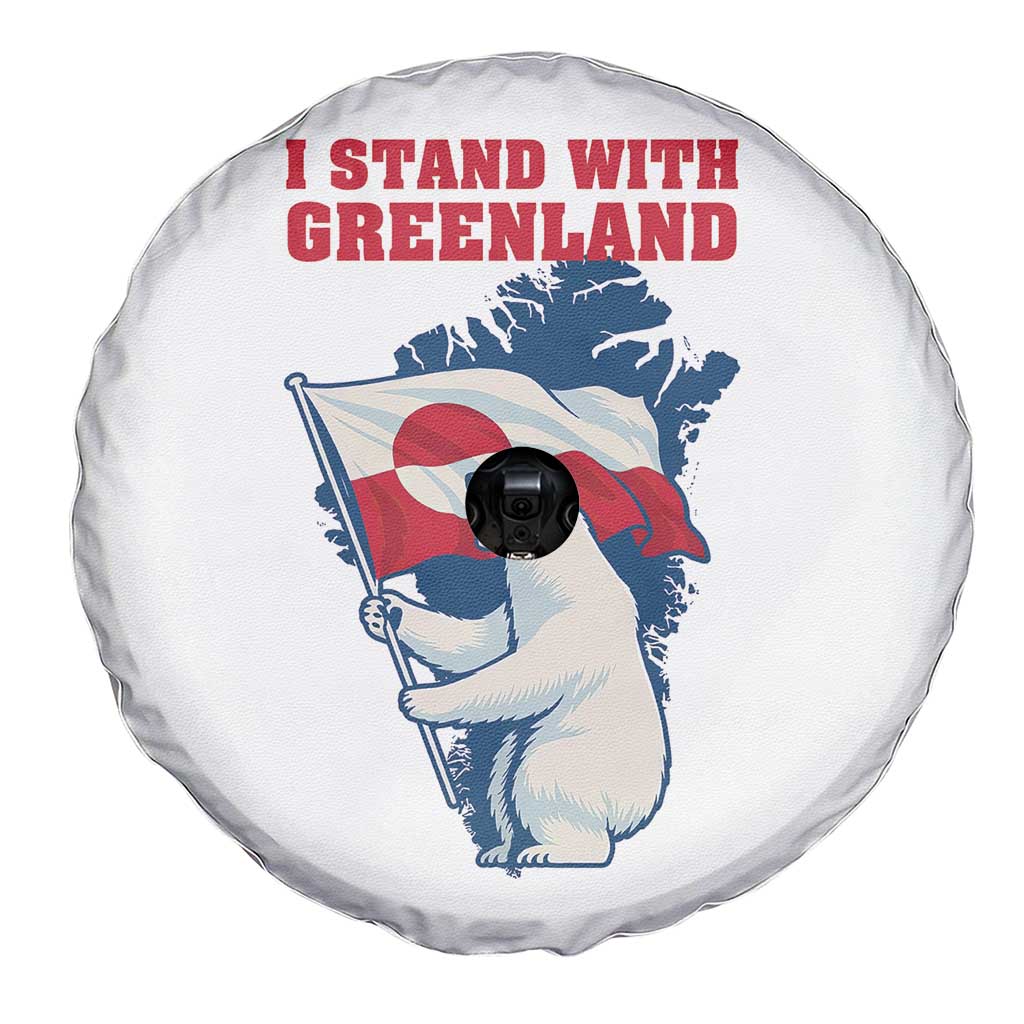 I Stand With Greenland Patriotic Spare Tire Cover Polar Bear Holding Flag Over Map
