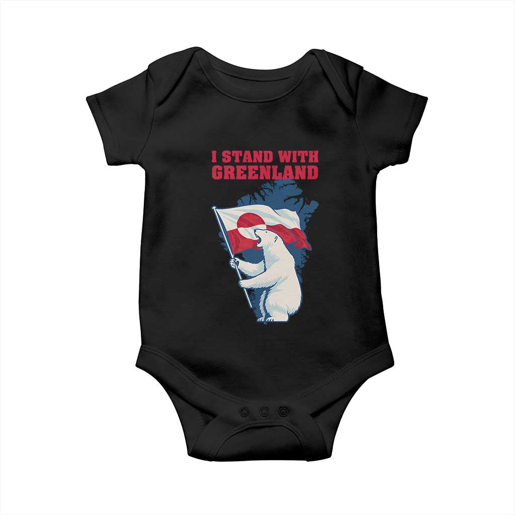 I Stand With Greenland Patriotic Baby Onesie Polar Bear Holding Flag Over Map