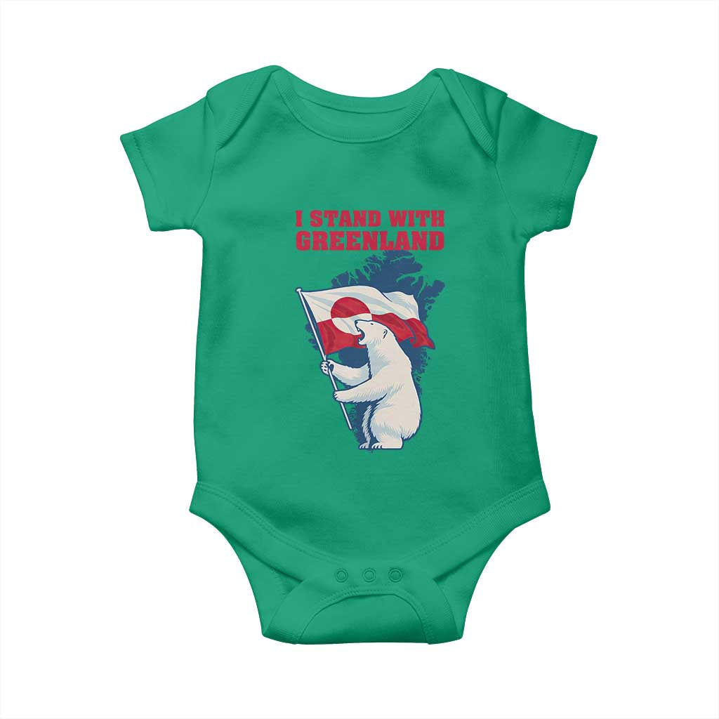 I Stand With Greenland Patriotic Baby Onesie Polar Bear Holding Flag Over Map