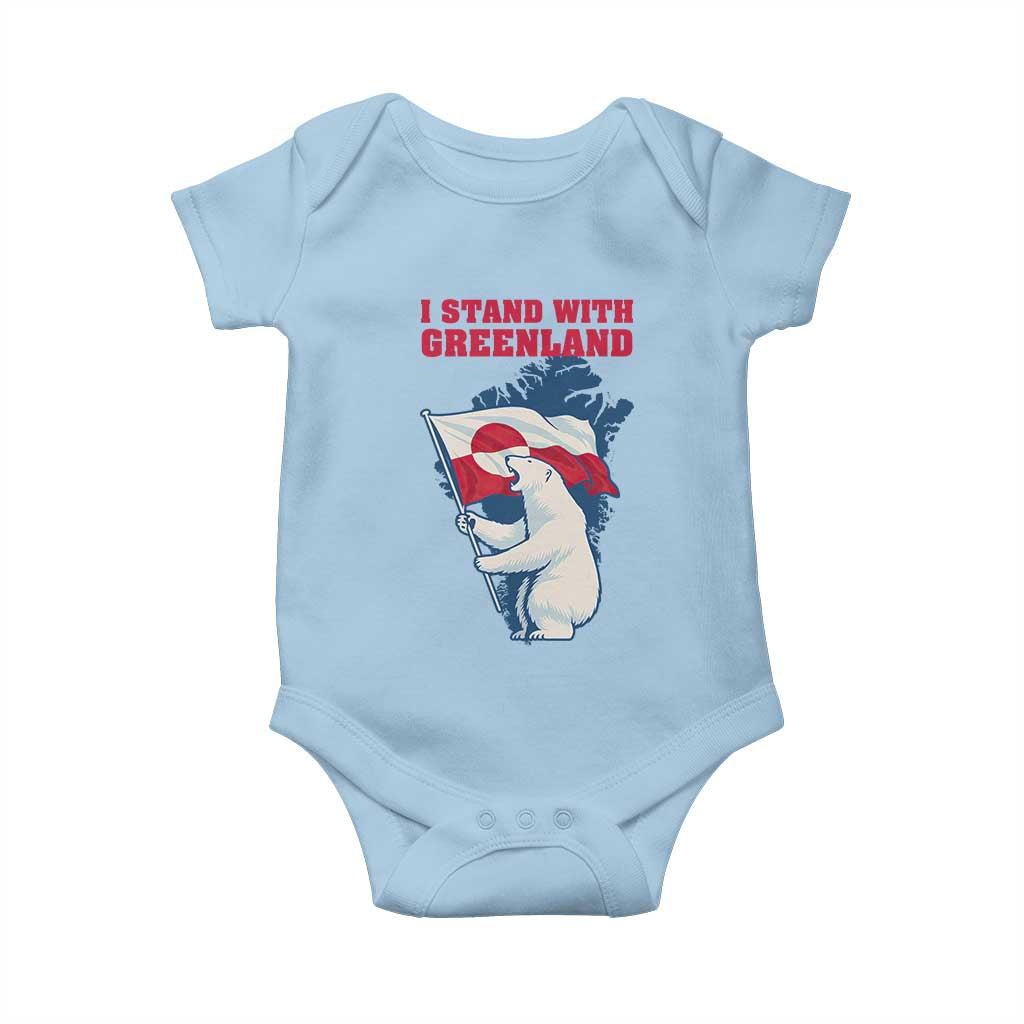 I Stand With Greenland Patriotic Baby Onesie Polar Bear Holding Flag Over Map