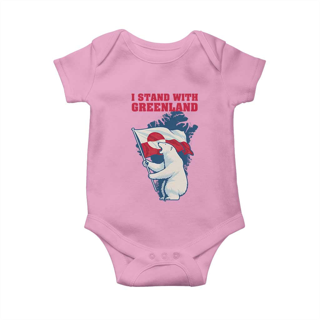 I Stand With Greenland Patriotic Baby Onesie Polar Bear Holding Flag Over Map