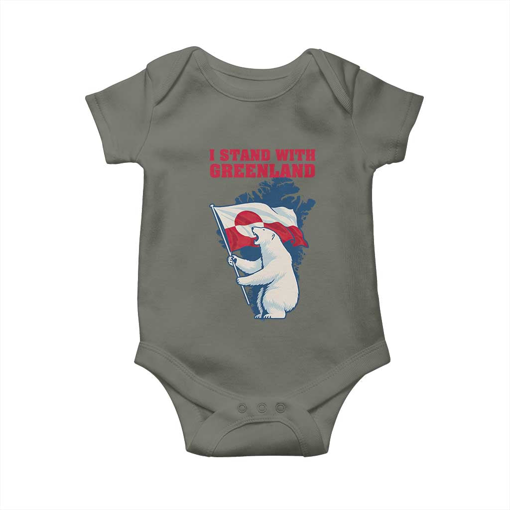 I Stand With Greenland Patriotic Baby Onesie Polar Bear Holding Flag Over Map
