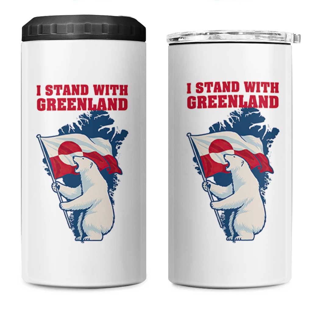 I Stand With Greenland Patriotic 4 in 1 Can Cooler Tumbler Polar Bear Holding Flag Over Map